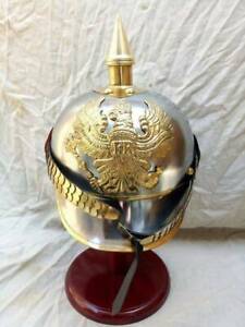 Militaria Prussian Pickelhaube Spiked Helmet Medieval German Iron W/Wooden Stand