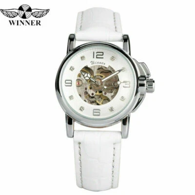 WINNER Crystal Skeleton Women Automatic Mechanical Watch Leather Strap Band - Image 1 of 4