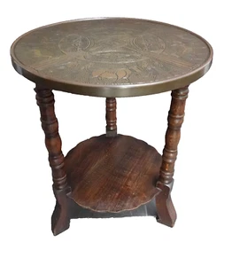 ANTIQUE OAK AND EGYPTIAN ETCHED BRASS TOP, SIDE TABLE. ART DECO PERIOD EGYPT - Picture 1 of 22