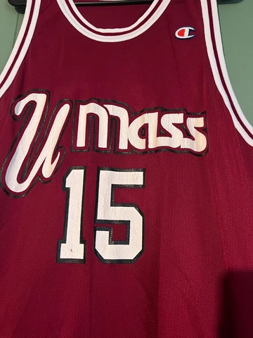 Vintage 90s Champion UMASS Basketball Jersey #15 Lou Roe sz 48 XL clean burgundy Cover