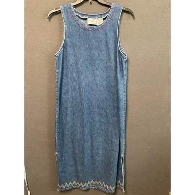 Retro Studio Ease Denim Dress 12 Boho Embroidered Sleeveless Long Cottagecore - Image 1 of 4