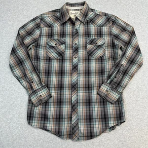 Coastal Western Shirt Mens M Gray Teal Orange Black Plaid Pearl Snap Long Sleeve - Picture 1 of 7