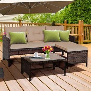 3PCS Outdoor Rattan Furniture Set Patio Couch Sofa Set w/ Coffee Table - Picture 1 of 10