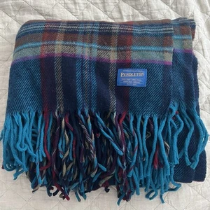 Vintage Pendleton 100% Virgin Wool Stadium Throw Blanket Blue/Navy Plaid 70x54 - Picture 1 of 3