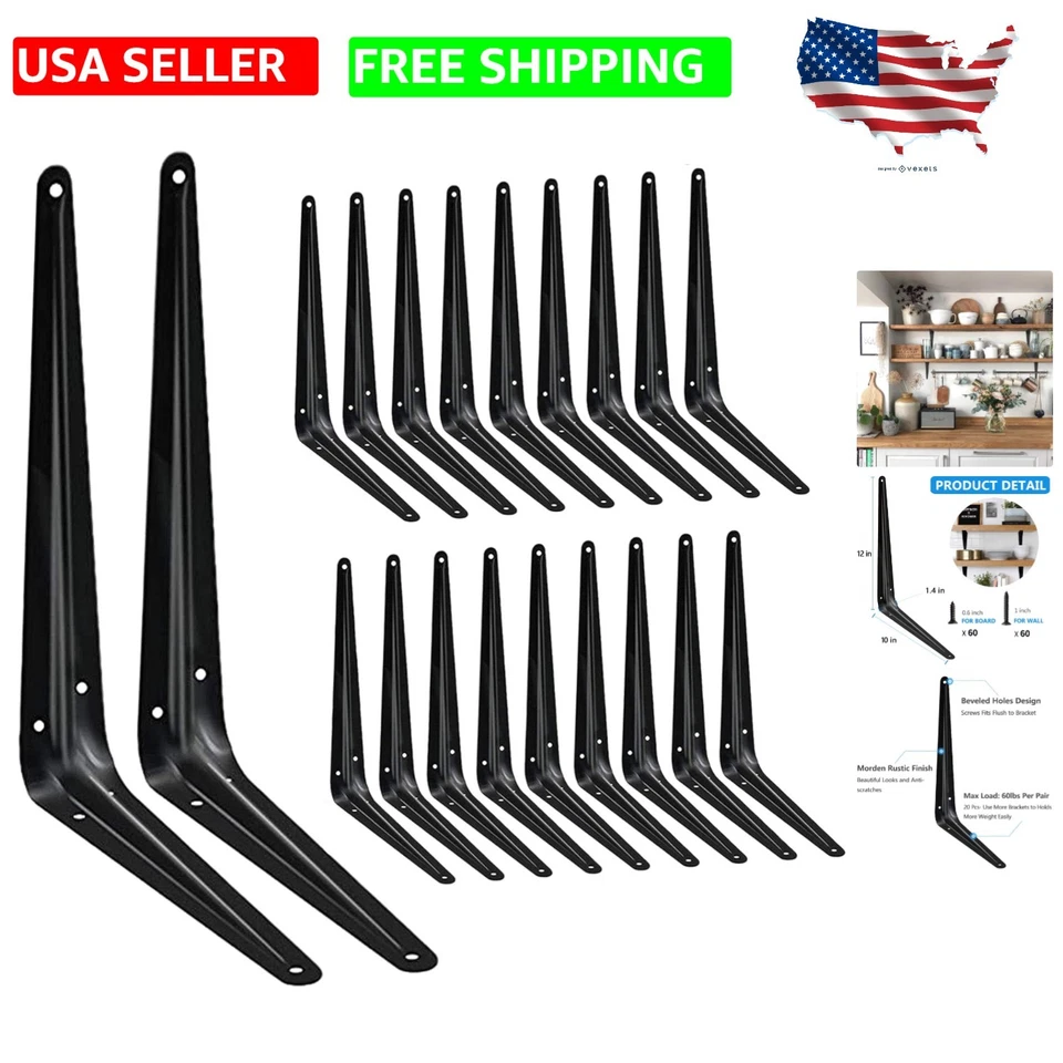 20 Pack Shelf Brackets 12 Inches Heavy Duty Black Iron Metal Floating Shelf Brac