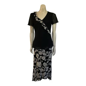 Geoff Bade Midi Skirt & Blouse 2 Piece Set Sz 10 Ruffles Floral Soft Flowy Black - Picture 1 of 20
