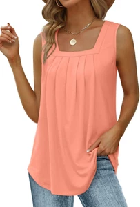 Summer Tank Tops for Women Loose Fit Pleated Square Neck Sleeveless Tops Curved - Picture 1 of 5