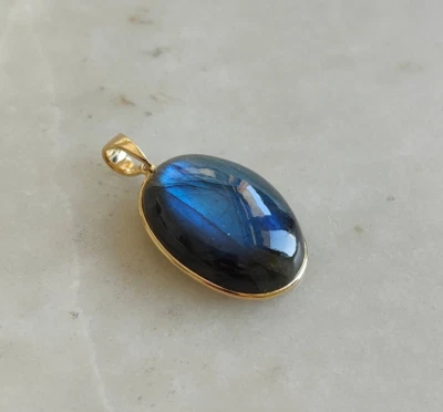 Natural Labradorite Gemstone Pendant Solid 10K Gold Dainty Necklace For Someone - Image 1 of 4