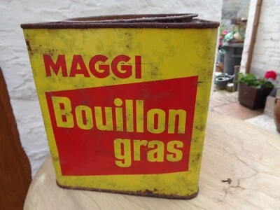 ANCIENNE BOITE BOUILLON MAGGI + ETIQUETTE CONTROLE NON PLAQUE EMAILLEE ANCIENNE - Photo 1/4