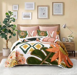 3 Piece Boho Floral Full/Queen Quilt Sets Farmhouse Botanical Reversible Lightwe - Picture 1 of 12