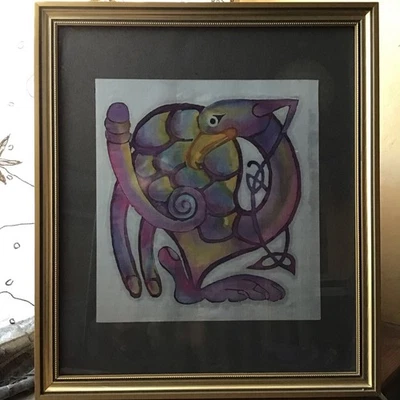 Unique original Batik silk painting, Celtic knotwork bird, in gold frame - Image 1 of 4