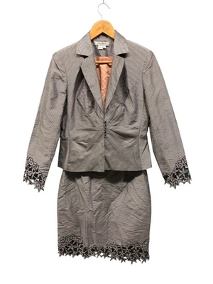 Traje Falda Kay Unger New York Para Mujer Talla 6 Negro Blanco Pata de Gallo Seda Foto 1 de 4