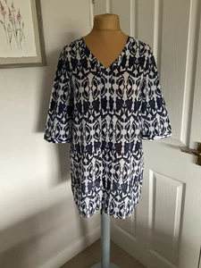 UTA RAASCH Navy & White 100% Cotton Tunic Style Top 3/4 Sleeves Size UK14 - Picture 1 of 9