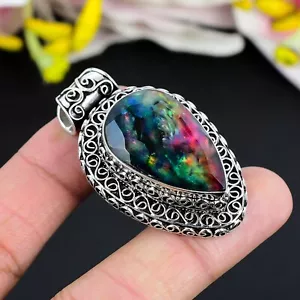 Ammolite Gemstone Handmade Jewelry 925 Sterling Silver Boho Pendant Gift For Her - Picture 1 of 4