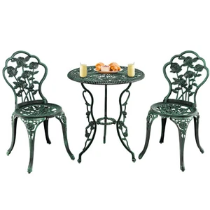 3-Piece Outdoor Bistro Set Cast Aluminum Table & Chairs w/ Elegant Rose Pattern - Picture 1 of 10