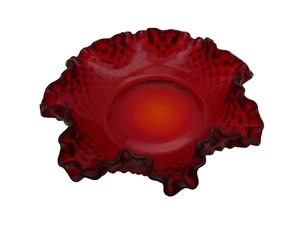 Fenton Glass 1980's Romantic Ruby Red Hobnail Ruffled Edge Bon Bon Dish 3716RU - Picture 1 of 10