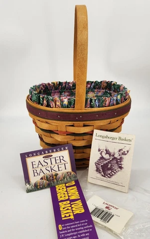 Longaberger 1996 Vintage Unstained Easter Basket Set+Protector+Liner 10th Ed Cover