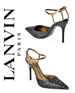 Lanvin Black Glitter w/ Bronze Trim Ankle Strap Pumps Sandals US 7/ IT 38  $1000 - Picture 1 of 12