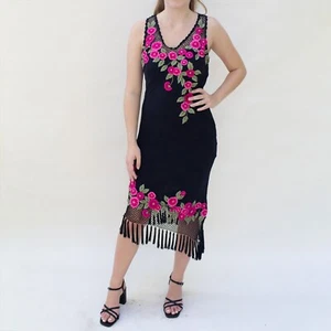 Vtg Cache 90s Silk Dress 2/4 Small Midi Sexy Asymmetrical Fringe Rose Applique - Picture 1 of 8