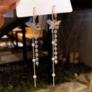 Crystal Butterfly Long Tassel Dangle Drop Earrings for Women,Pearl Earrings,Gift - Picture 1 of 6