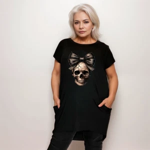 Langes T-Shirt Totenkopf mit Schleife und Seitentaschen - Bild 1 von 24