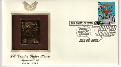 AQUAMAN DC COMICS Super Heroes 22KT GOLD Replica Stamp FIRST DAY OF ISSUE  2006 - Image 1 of 4