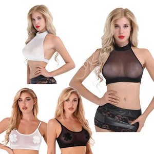 Women's Sheer Mesh Crop Top See Through Halter Shirt Backless Tank Tops Vest - Picture 1 of 47