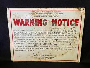 Vintage antikes Warnschild kein Abladen in Hafengewässern Baltimore MD Armee 1920er - Bild 1 von 4