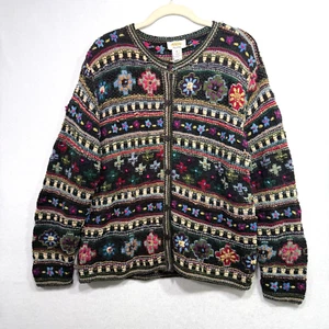 Vtg Talbots Cardigan Women XL Black Multicolor Hand Knit Floral Cottagecore Boho - Bild 1 von 12