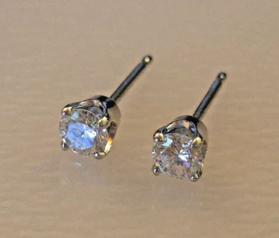 14K White Gold real Diamond Stud Earrings .46g studs posts 1 is labcreated 3.4mm - Image 1 of 4
