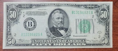 1934-B $50 Federal Reserve Note Crisp Ch. Very Fine VF+ Green Seal FRN New York - Image 1 of 2