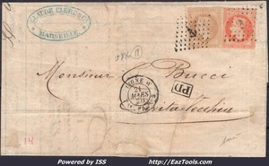 FRANCE N°28B+31 SUR LETTRE POUR CIVITA VECCHIA ANCRE + CAD LIGNE W 21/03/1870 - Picture 1 of 2