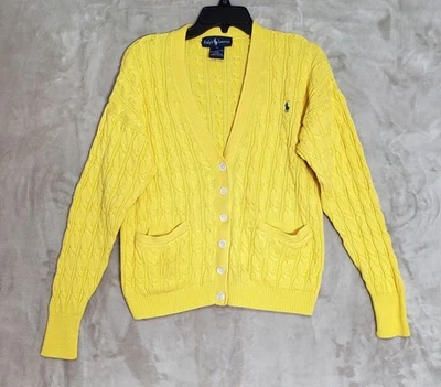 Polo Ralph Lauren Cárdigan Suéter Mujer S Cable Tejido Botones Bolsillo Amarillo Foto 1 de 4