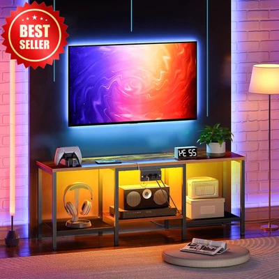 Soporte de TV con luces LED y estación de carga para mesa consola de 55 pulgadas marrón rústico Foto 1 de 4