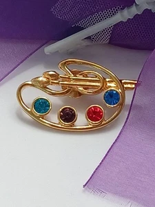 Vintage Signed Avon Painters Palette Pin Gold Tone & Rhinestone Brooch Art - Picture 1 of 5