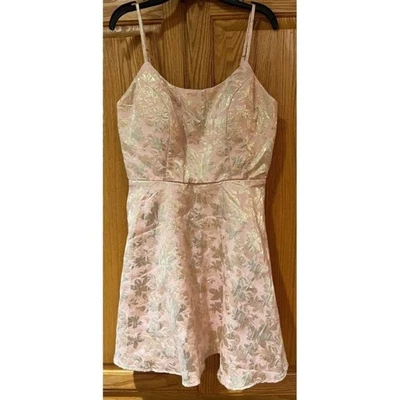 Trixxi Light Pink with Gold Flowers Fit & Flare Mini Dress Juniors Size Medium - Image 1 of 4