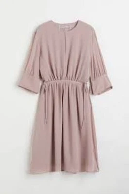 H&M Chiffon Drawstring Waist Dress Powder Beige M Knee-Length Short Wide Sleeves - Image 1 of 4