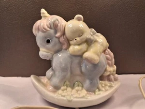 Enesco Baby Nightlight 1988 Ceramic Rocking Unicorn With Teddy Bear - Picture 1 of 11
