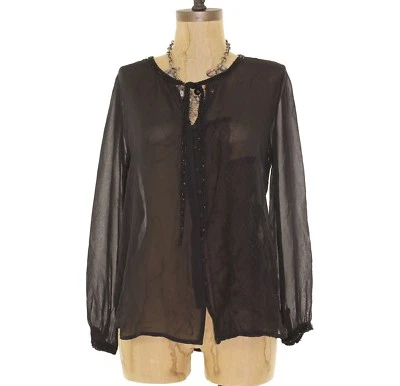 Blusa Top Joie Denise Seda Transparente XS Negra Cuentas Borlas Capa $298 B21 Foto 1 de 4