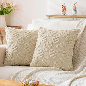 Set of 2 Beige Easter Egg Faux Fur Throw Pillow Covers 18X18 Inches Velvet Sprin - Picture 1 of 12