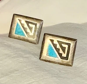 Pair Vintage Southwest Sterling Silver & Turquoise Inlay Cufflinks 1/2” - Picture 1 of 11