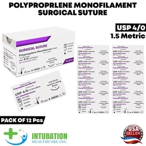 4/0 Polypropylene Monofilament Sutures Thread&Needle Sterile Sutures Pack of 12 - Picture 1 of 5