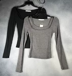 LUSH Women Small LOT OF TWO Grey And Black Long Sleeve Top Layered Look Ribbed - Picture 1 of 12
