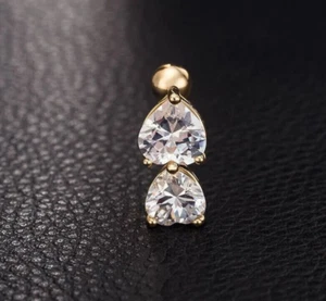 Reverse Crystal Bar Belly Ring Gold Plated Body Piercing Button Navel Two Heart - Picture 1 of 4
