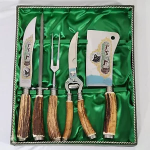 Vintage Baron Solingen Germany 5-teiliges Schnitzset Hirschhorngriffe gravierte Klinge Box - Bild 1 von 20