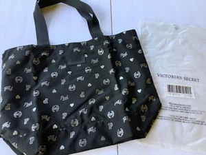New Victorias Secret Pink Zip Tote Bag Black Silver Metallic Logo Overnight Shop - Picture 1 of 12