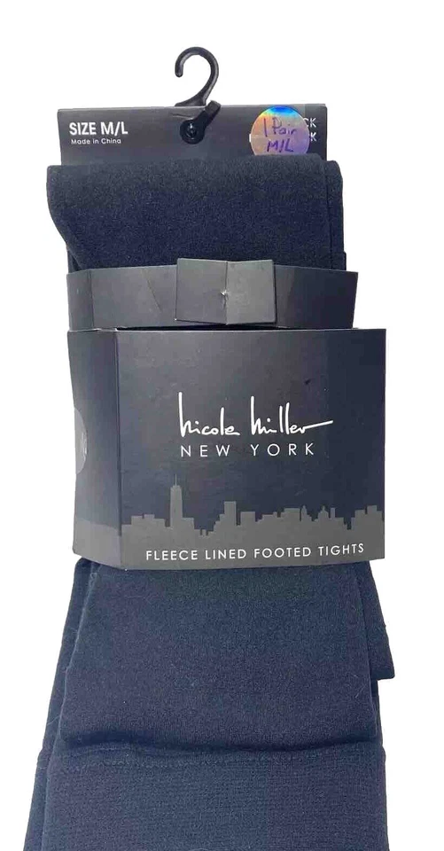 Women's Black Fleece Lined Footed Tights 1 Pair M/L Pantyhose Nicole Miller, New - Image 1 of 4
