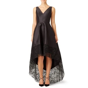 MONIQUE LHUILLIER Black Silk V-Neck Feather Lace Hemline Spiderweb Gown Size 10 - Picture 1 of 18