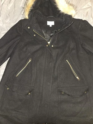 Ruby Finch Black Wool-Blend Hooded Coat with Faux Fur Trim – Size 1X - Image 1 of 4