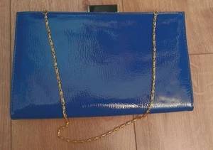 New Accessorize Blue Patent Clutc Bag with Gold Chain 28x17cm - Picture 1 of 4